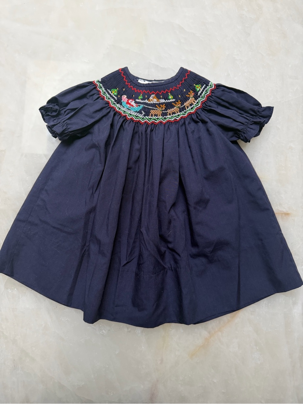 Smocked Navy Holiday Dress with Festive Embroidery